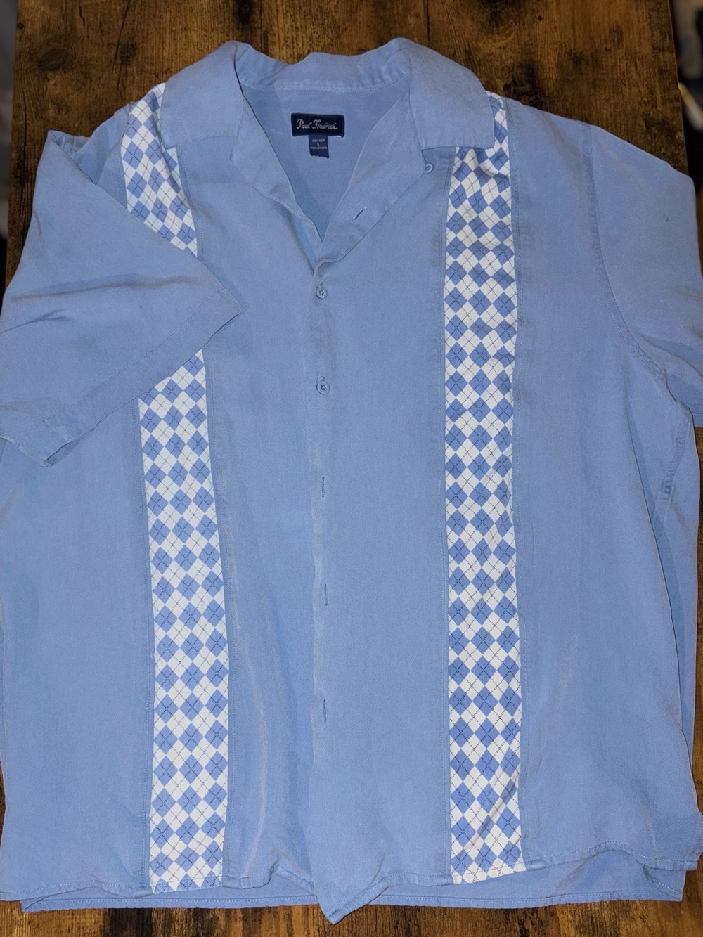 Blue Short-Sleeve Cuban Shirt with White Check Stripes -100% silk